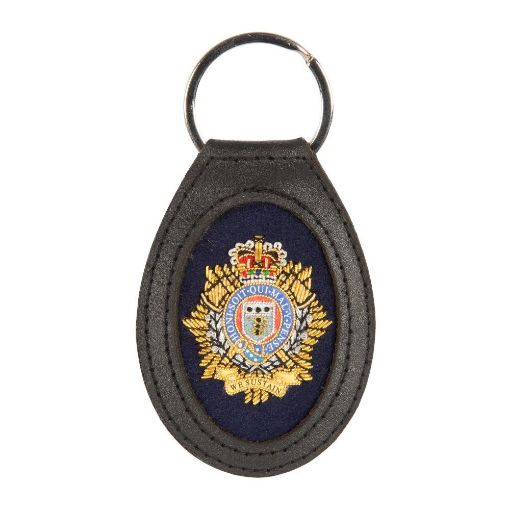 Picture of RLC - Black Leather Key Fob with Cap Badge on one side with Navy B/G  